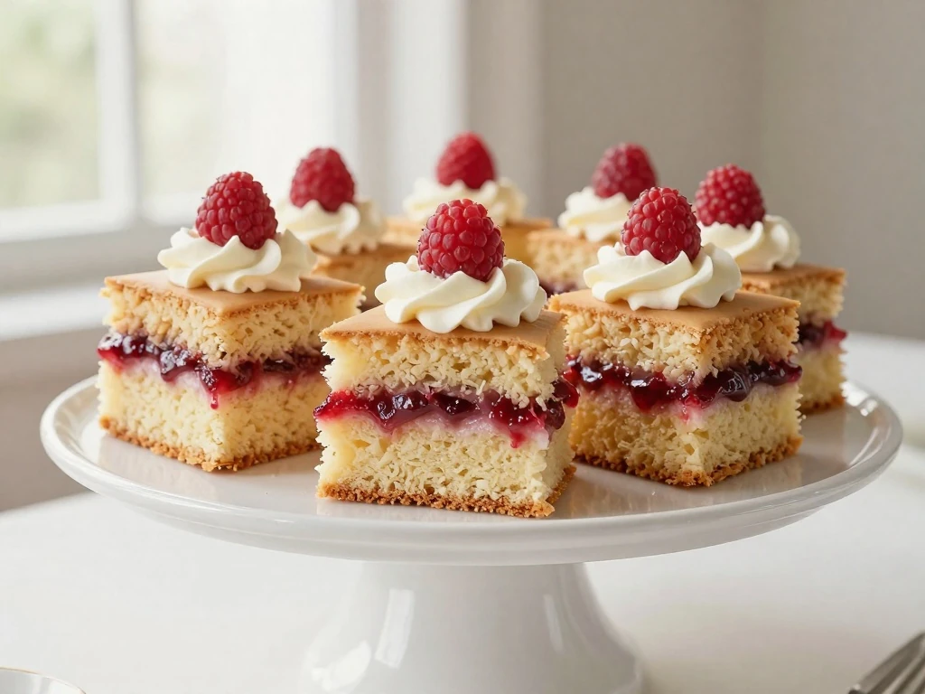 Sliced classic Victoria sponge cake with raspberry jam and whipped cream