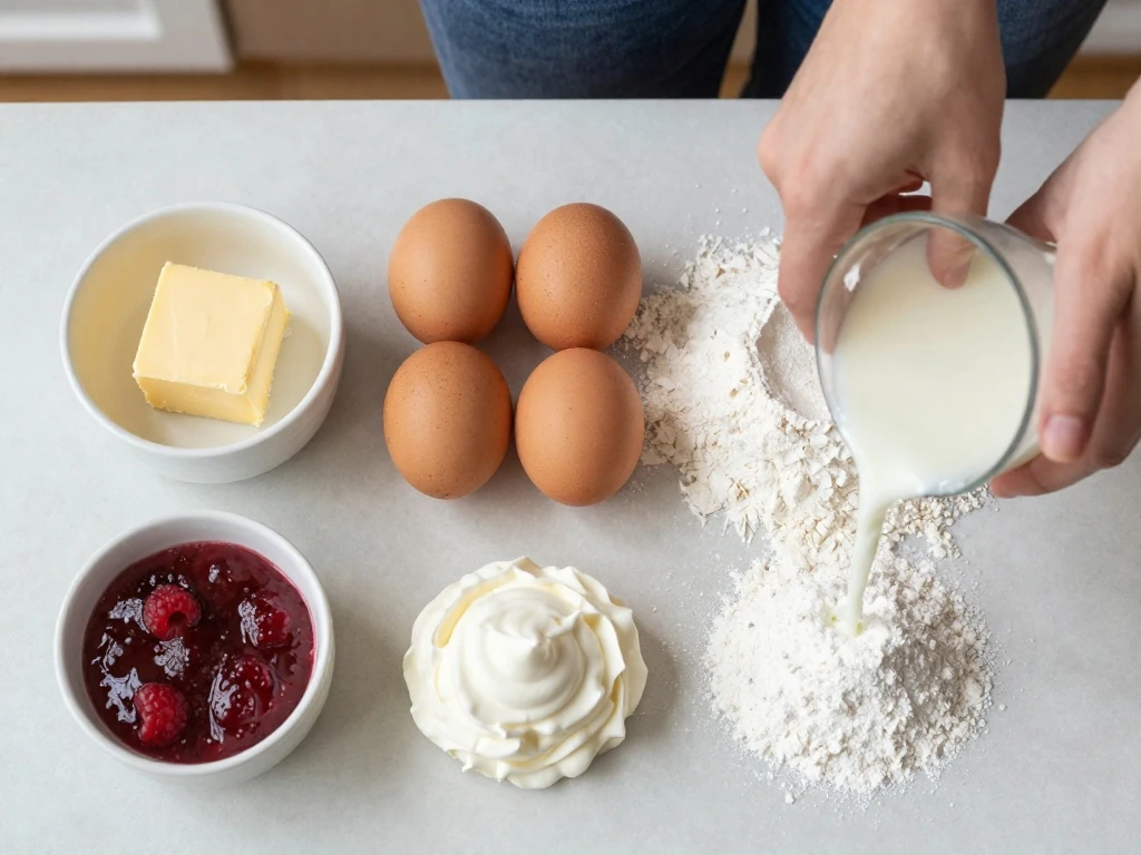 Ingredients for a classic Victoria sponge cake arranged on a work surface