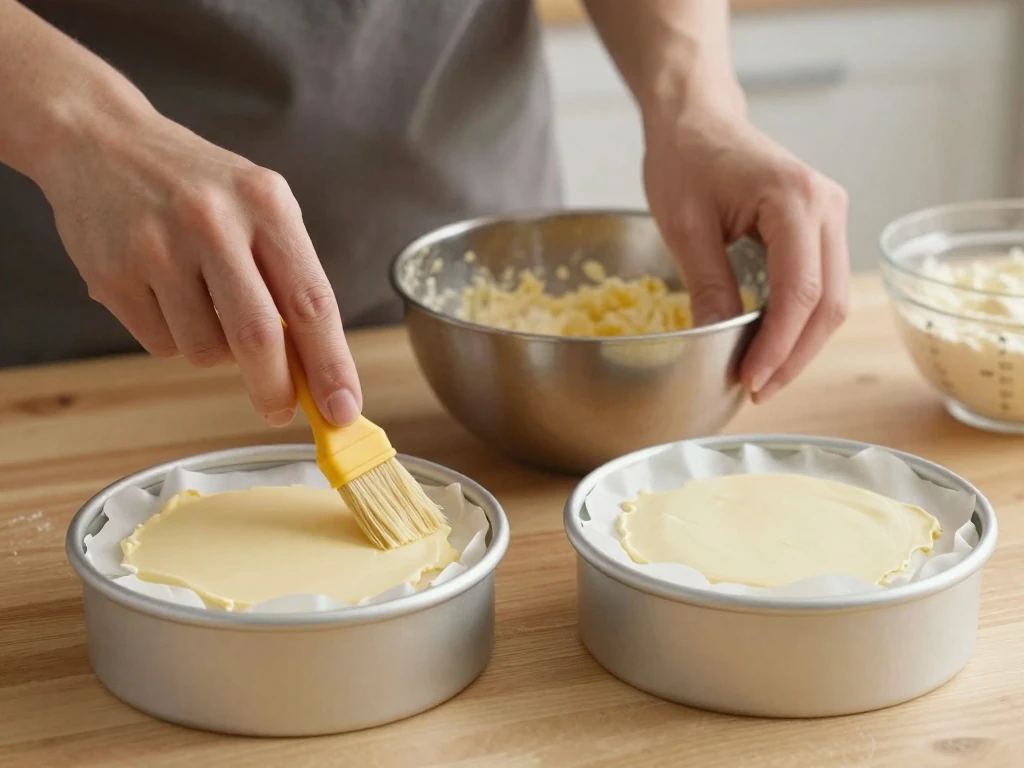 Preparing round sandwich tins for Victoria sponge cake