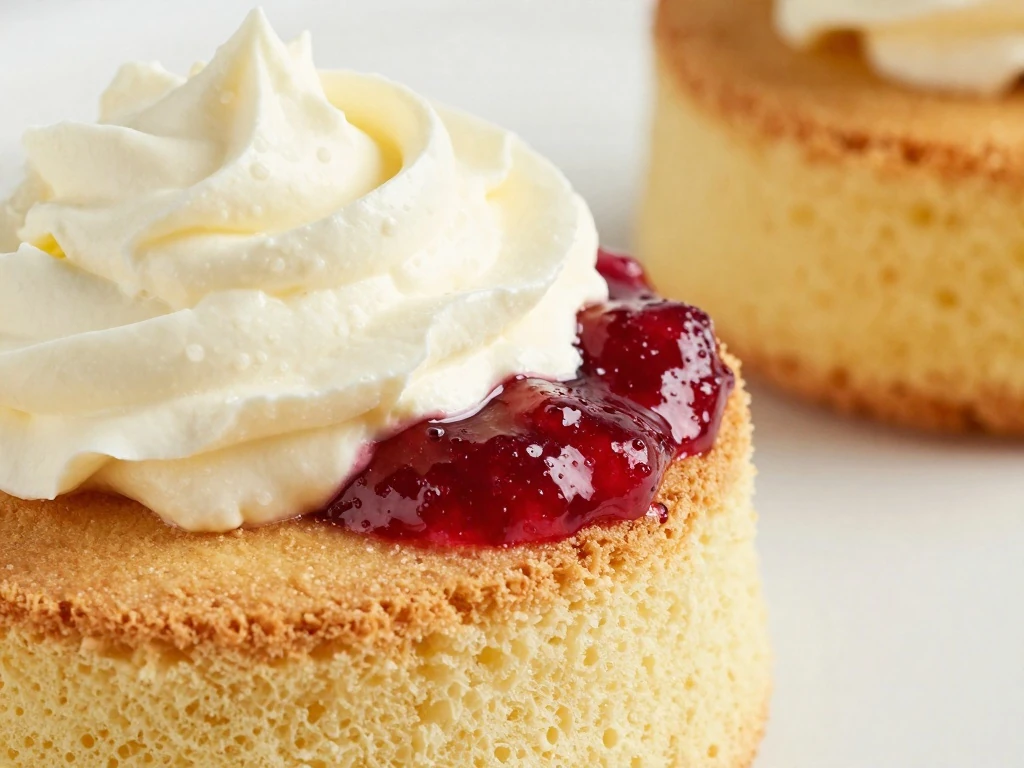 Raspberry jam and whipped cream filling on a Victoria sponge layer