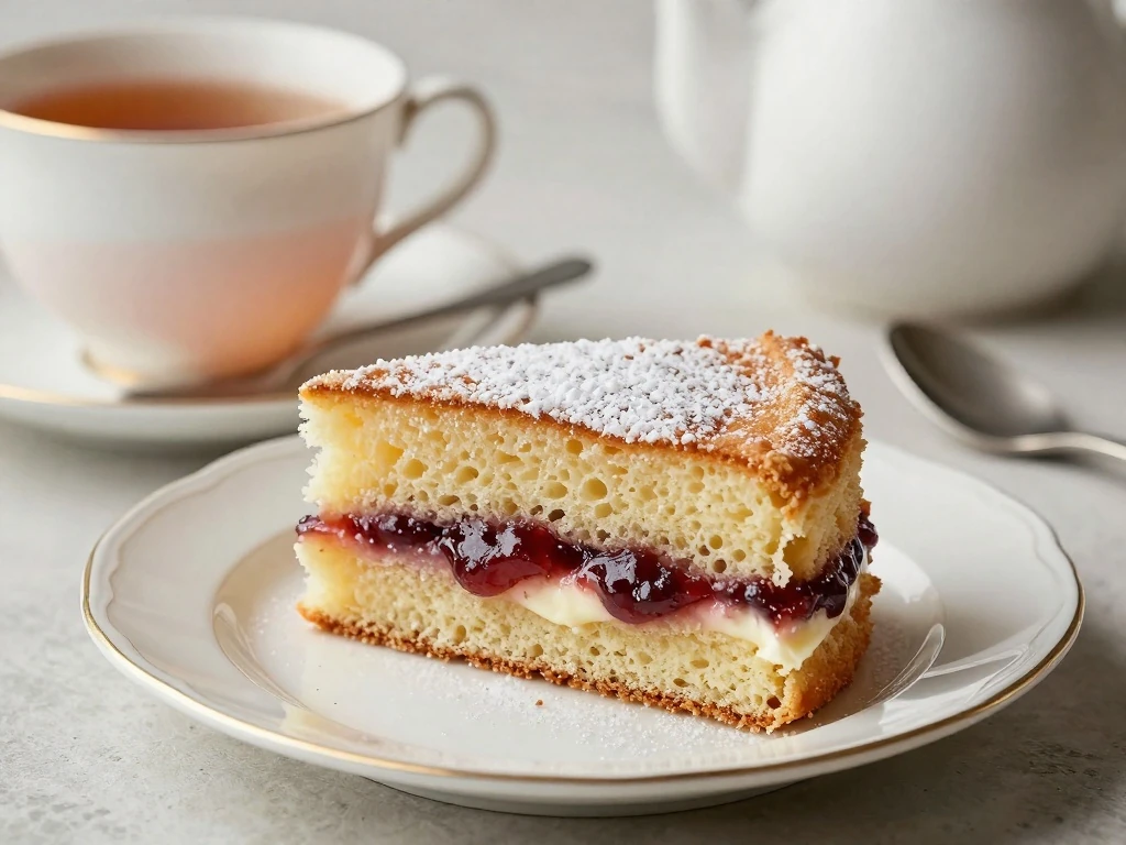 A serving of Victoria sponge cake with tea