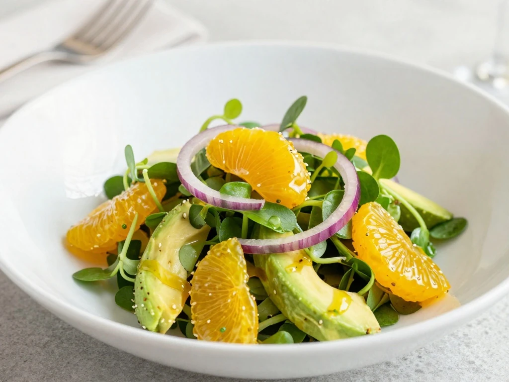 Watercress salad with tangerines, avocado, red onion, and tequila tangerine dressing