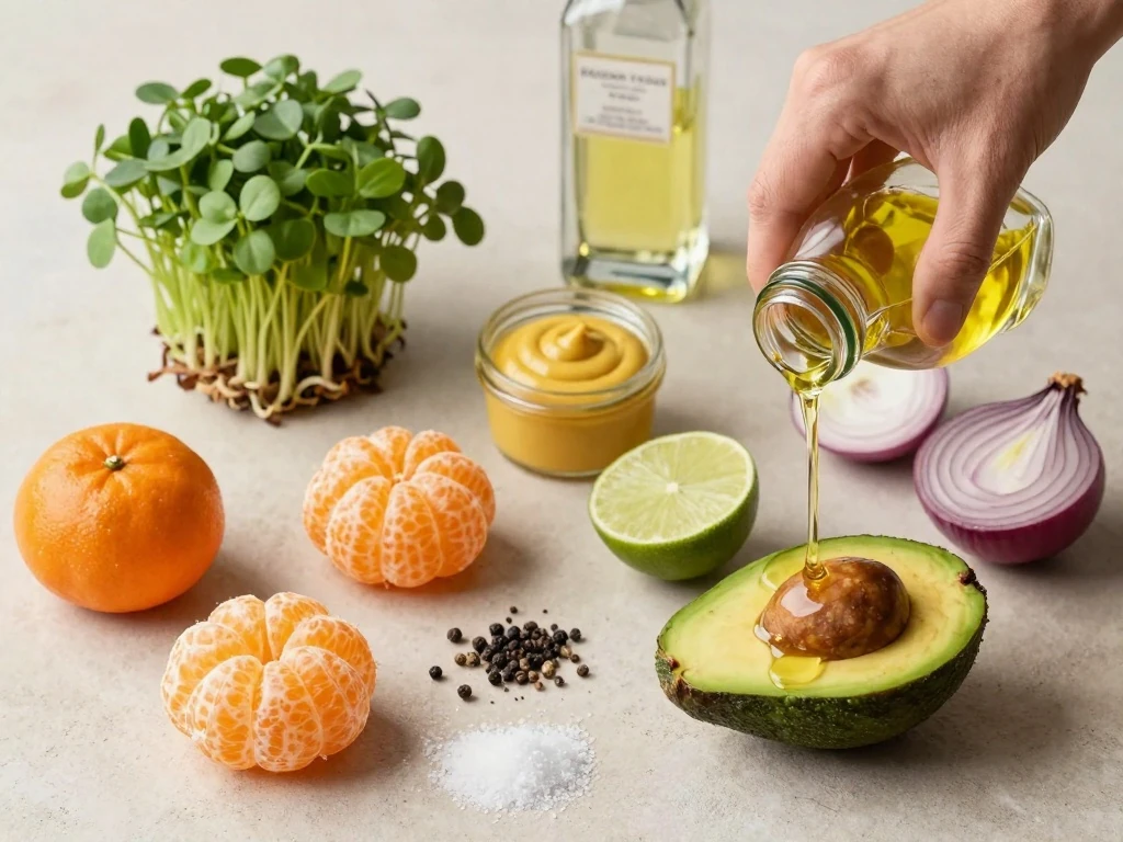 Ingredients for watercress salad with tequila tangerine dressing