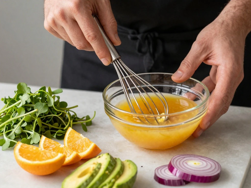 Whisking tequila tangerine dressing for watercress salad