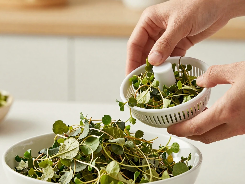 Dry watercress before dressing the salad