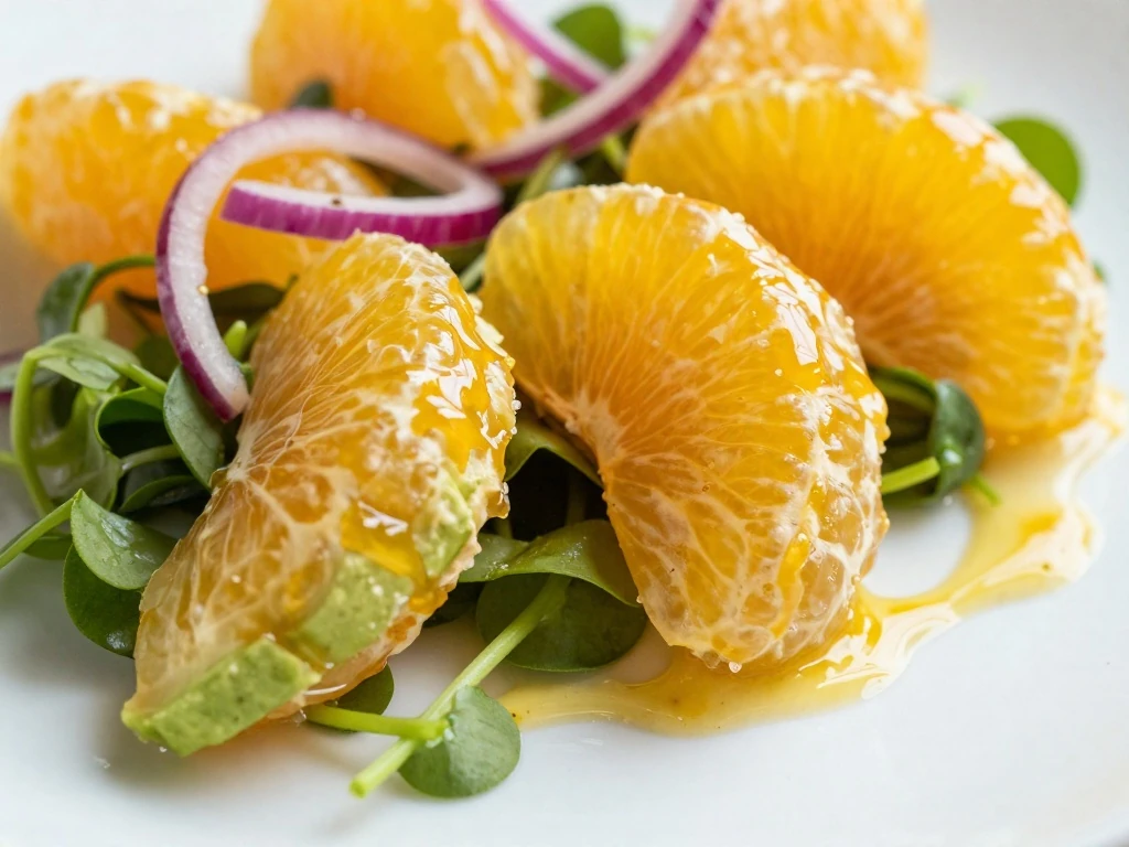 Close-up of tangerine and avocado watercress salad