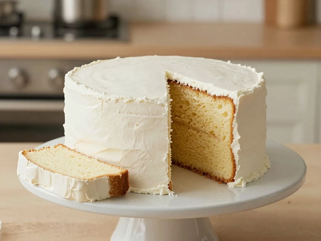 Homemade easy white cake displayed with two slices