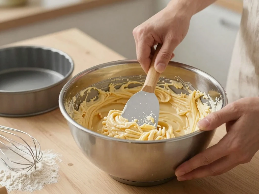 Preparing white cake batter before baking