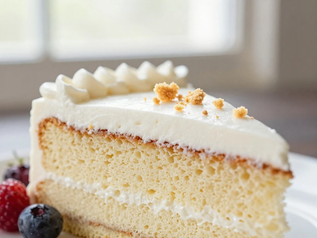 Frosted white cake slice with fresh berries