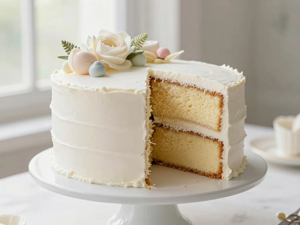 Three-layer white velvet cake with a tender pale crumb