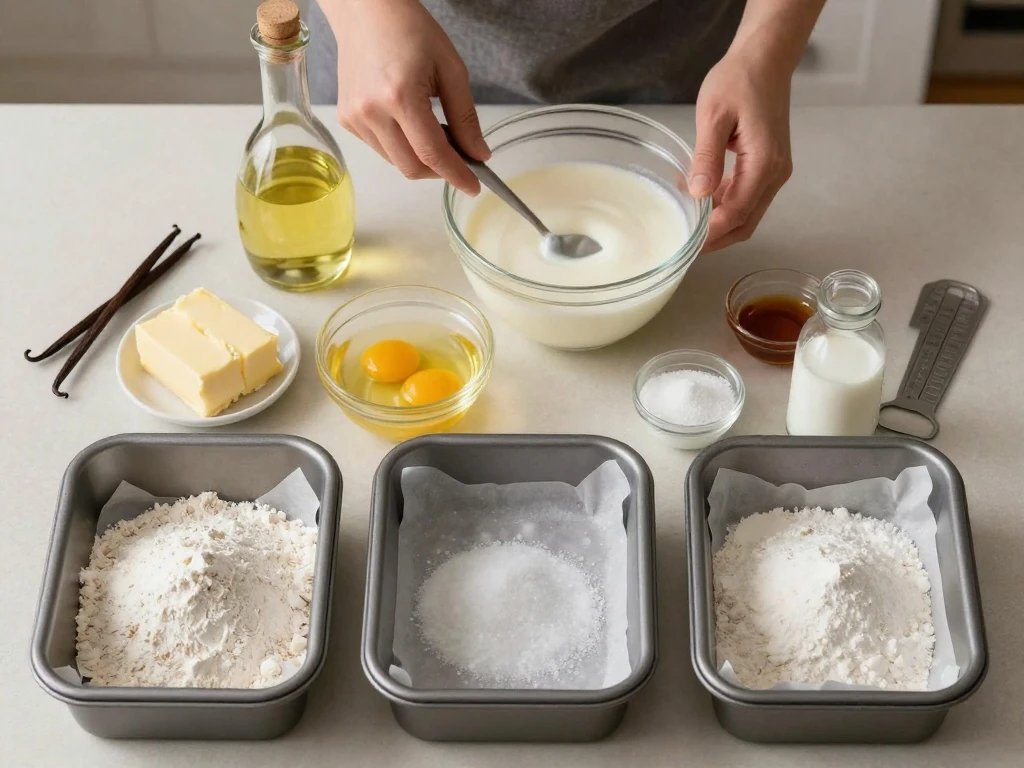 Ingredients for homemade white velvet cake arranged on a counter