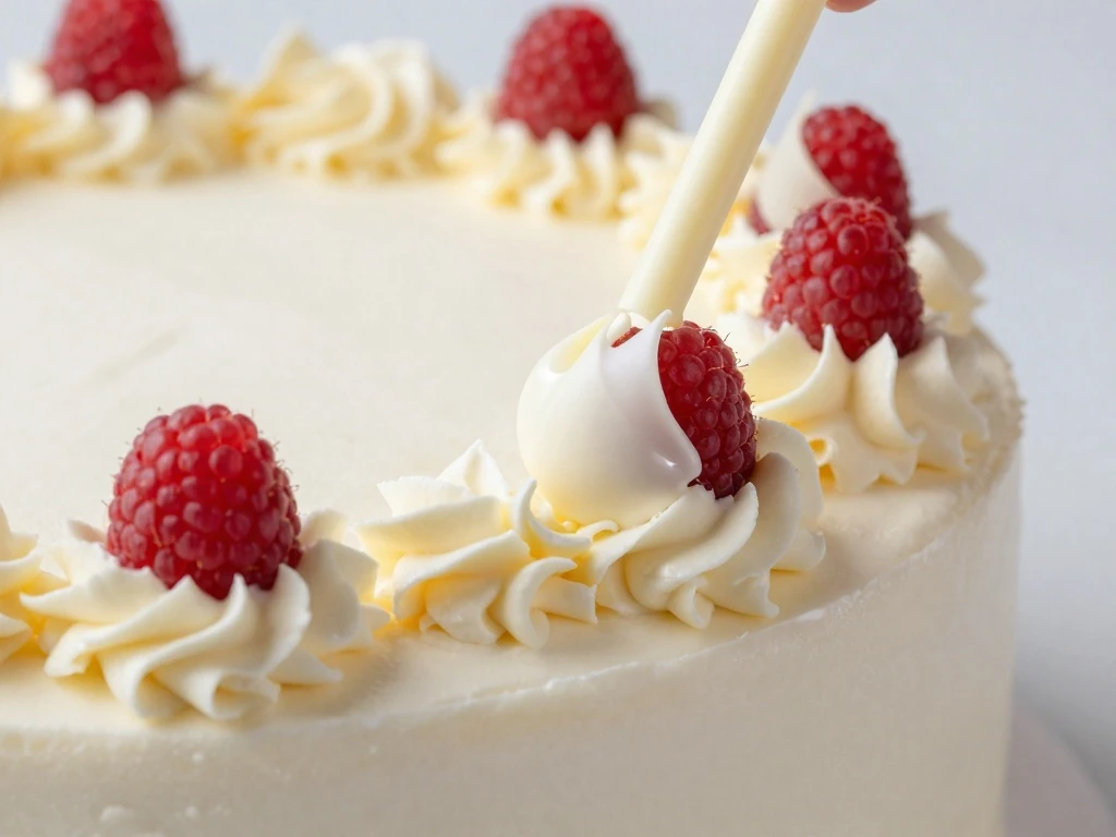 White velvet cake decorated with buttercream, berries, and white chocolate curls