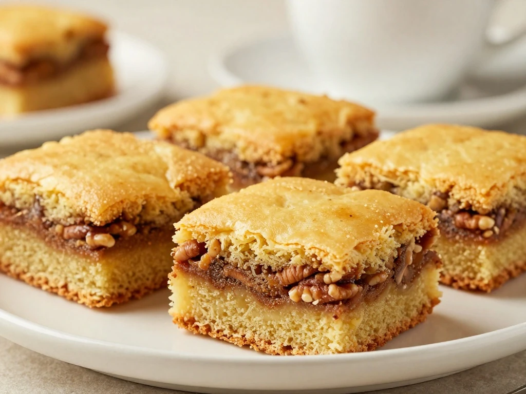 Slices of moist yellow cake mix coffee cake with cinnamon and pecan topping
