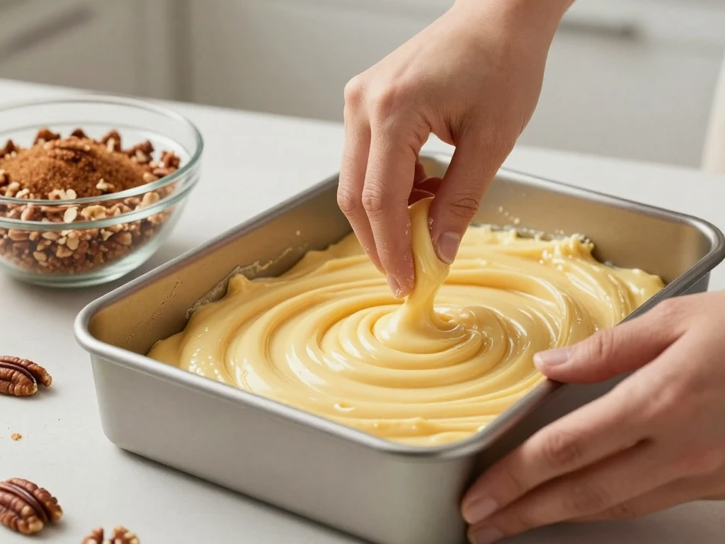 Spreading coffee cake batter in a 9-by-13-inch baking dish