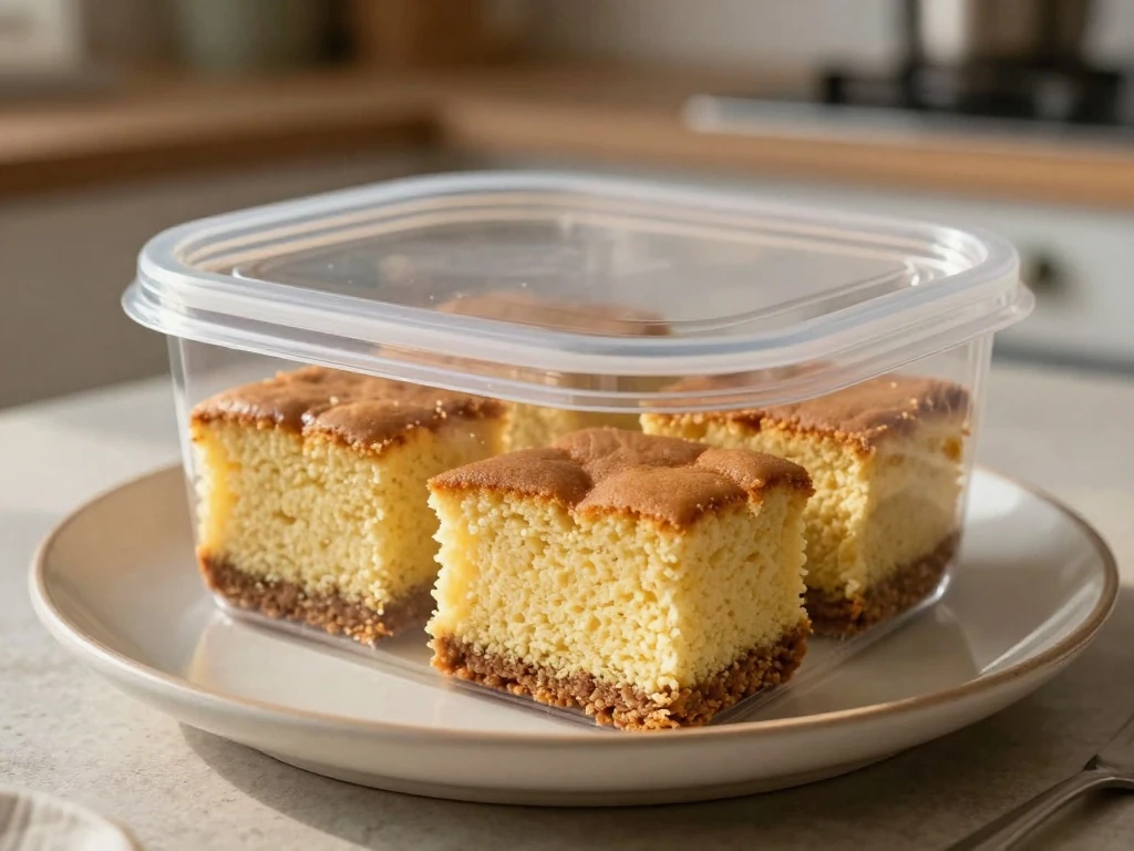 Stored and sliced yellow cake mix coffee cake ready to serve