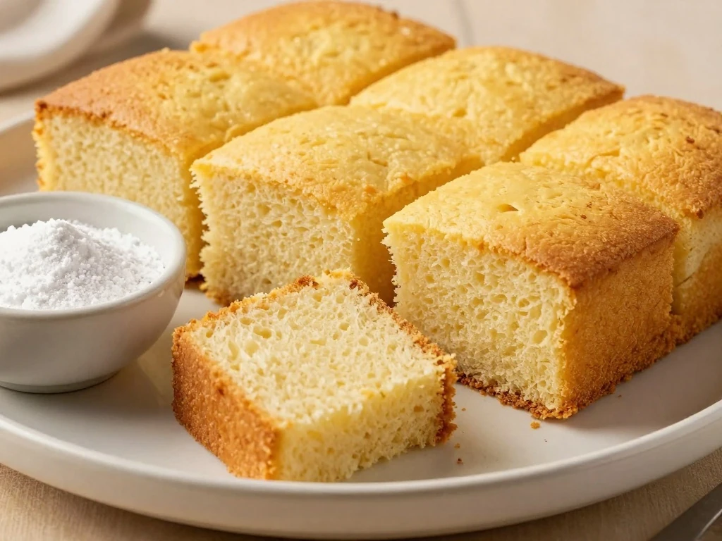 Slices of easy yellow cake showing a soft golden crumb
