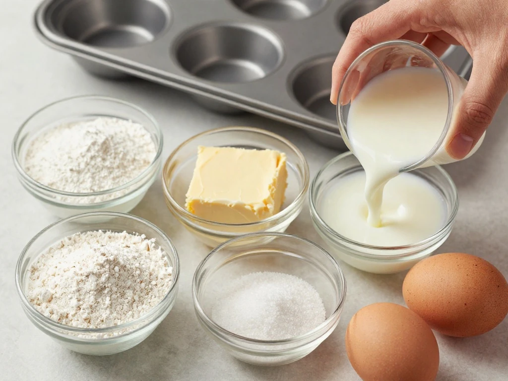 Ingredients for an easy yellow cake recipe arranged on a counter