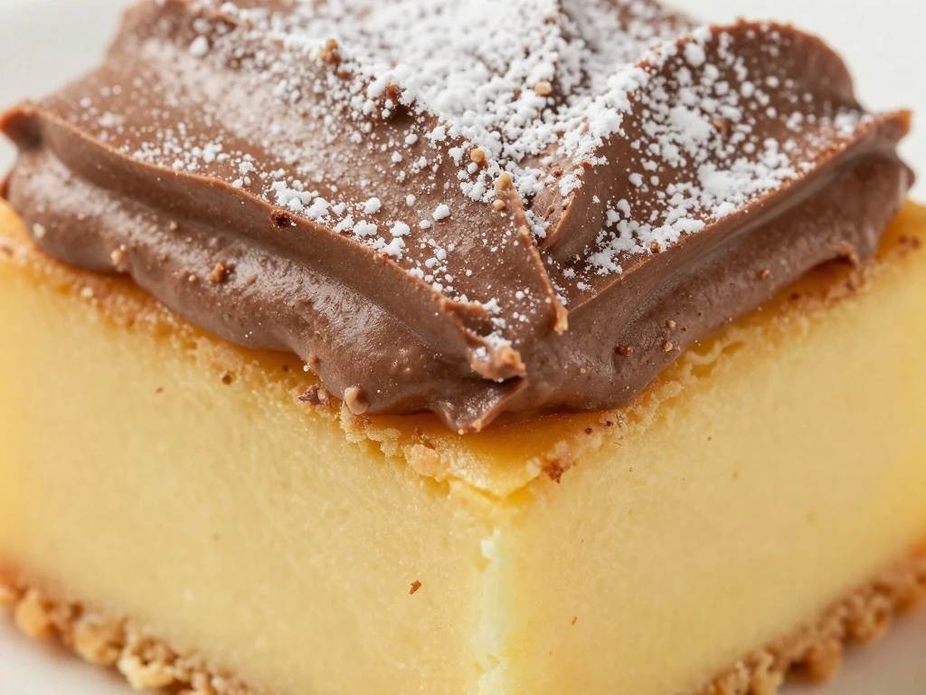 Yellow cake square topped with chocolate buttercream and powdered sugar