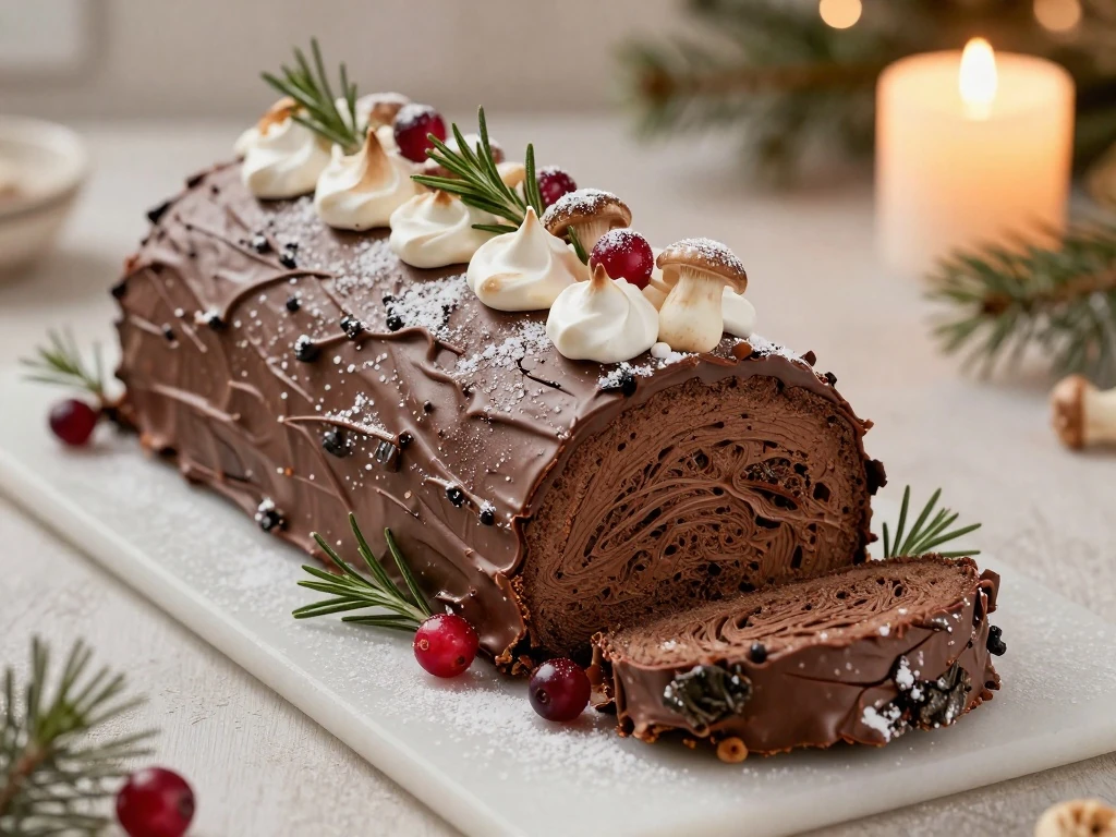 Classic chocolate Yule log cake decorated with ganache, powdered sugar, cranberries, and rosemary