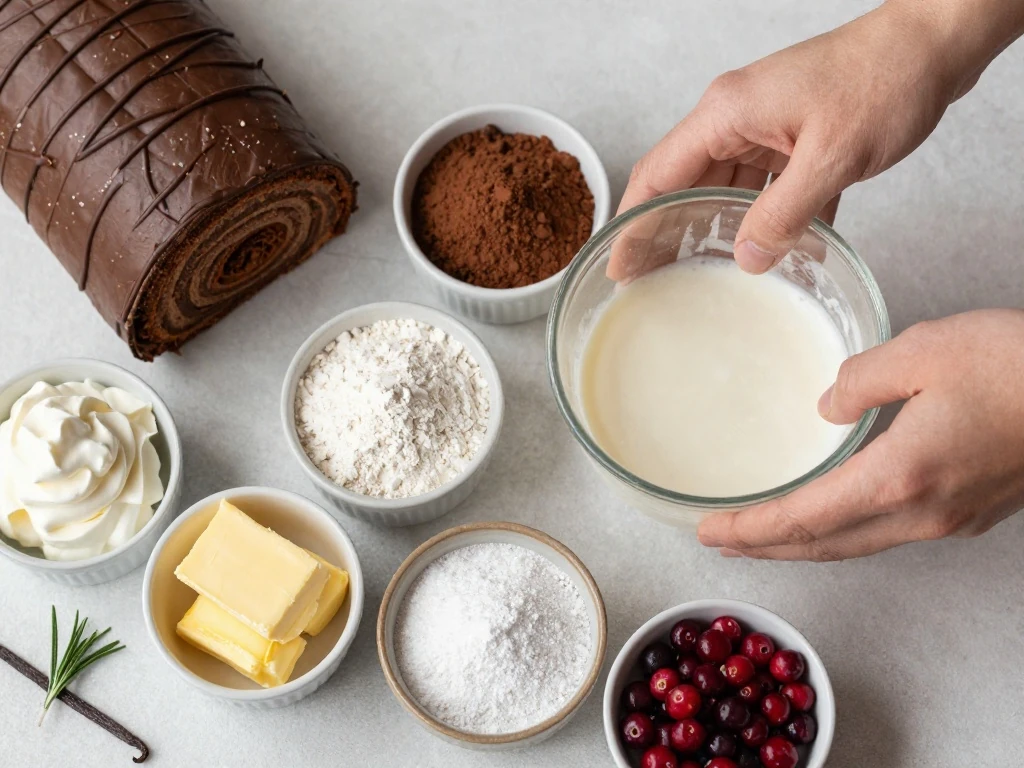 Ingredients for chocolate sponge, whipped cream filling, and ganache Yule log cake