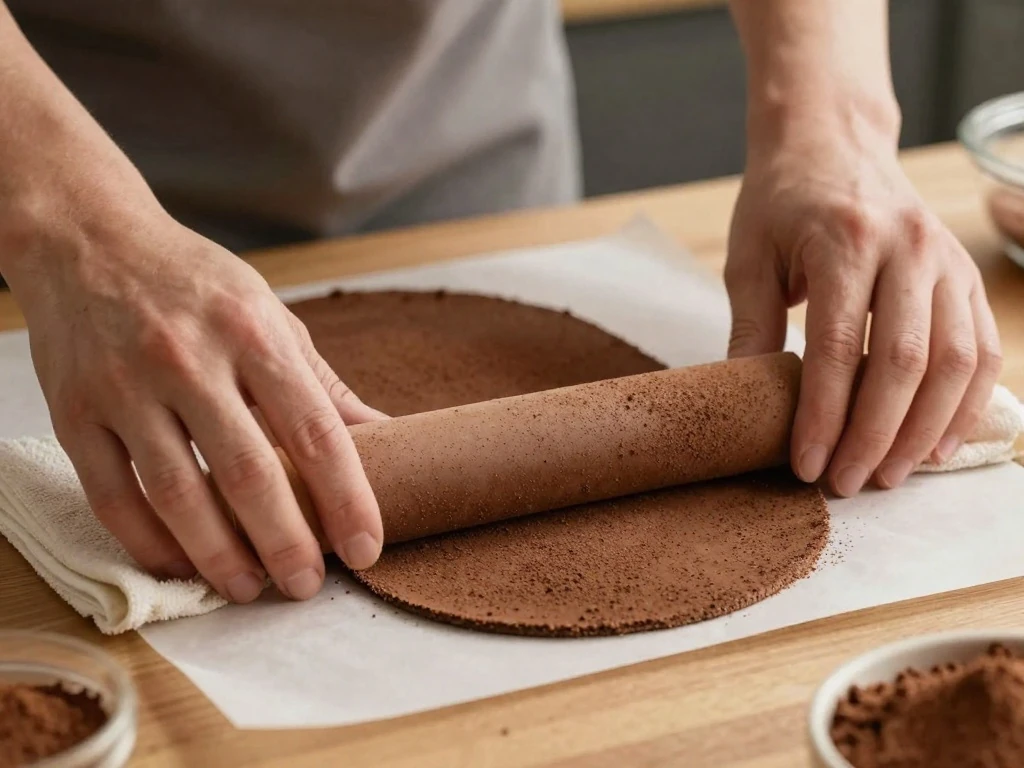 Warm chocolate sponge being rolled in a sugar-dusted towel for a Yule log cake