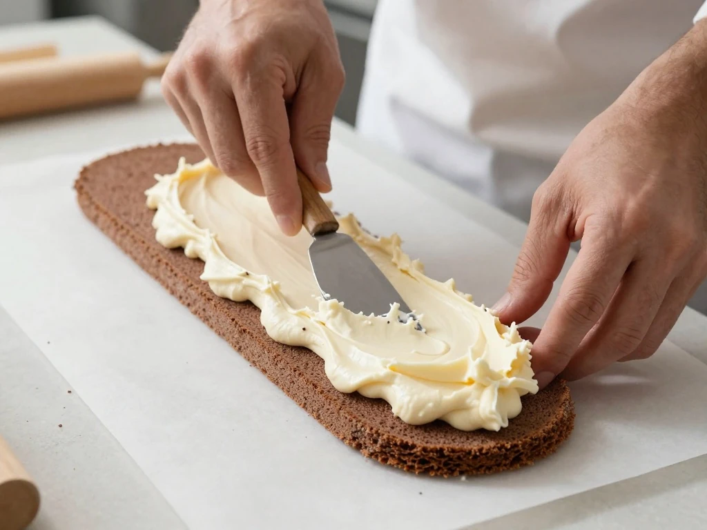 Gently folding whipped egg whites into chocolate sponge batter