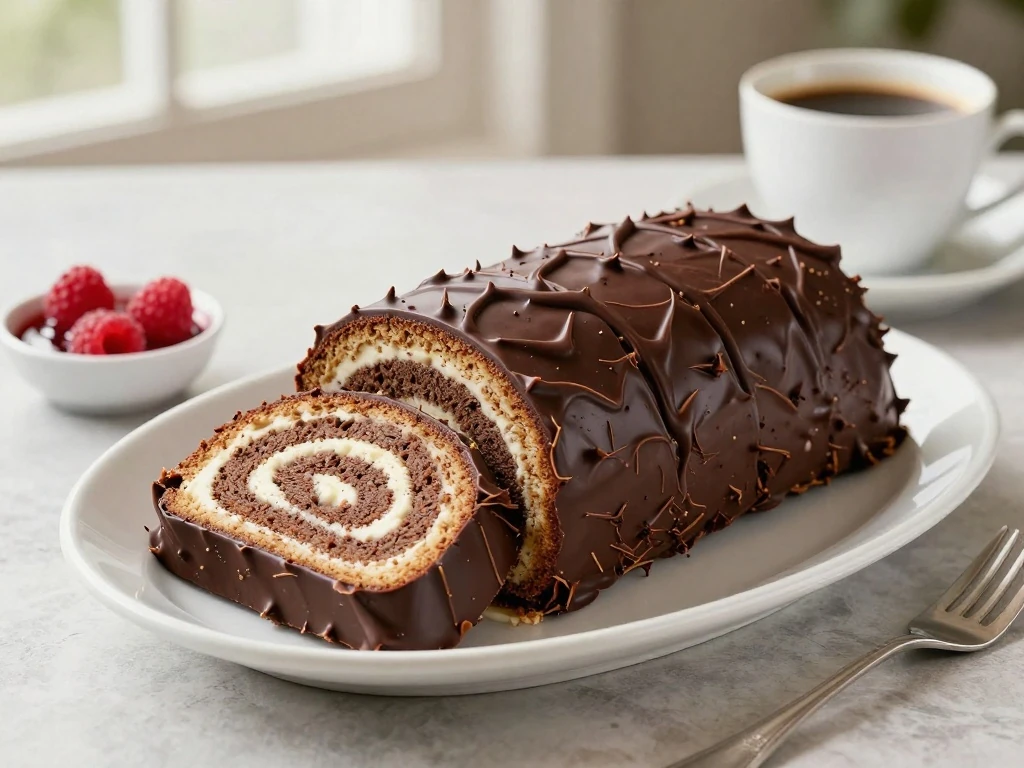 Bark-textured ganache and festive garnishes on a decorated Yule log cake