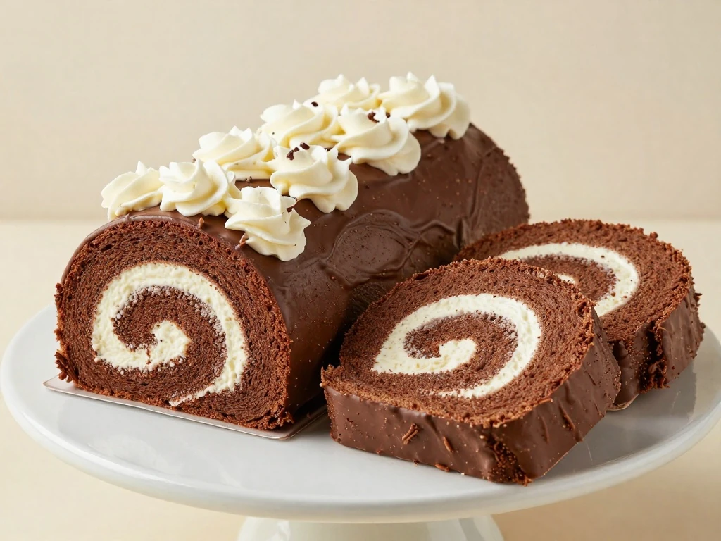 Sliced Yule log cake showing the chocolate sponge and whipped cream filling