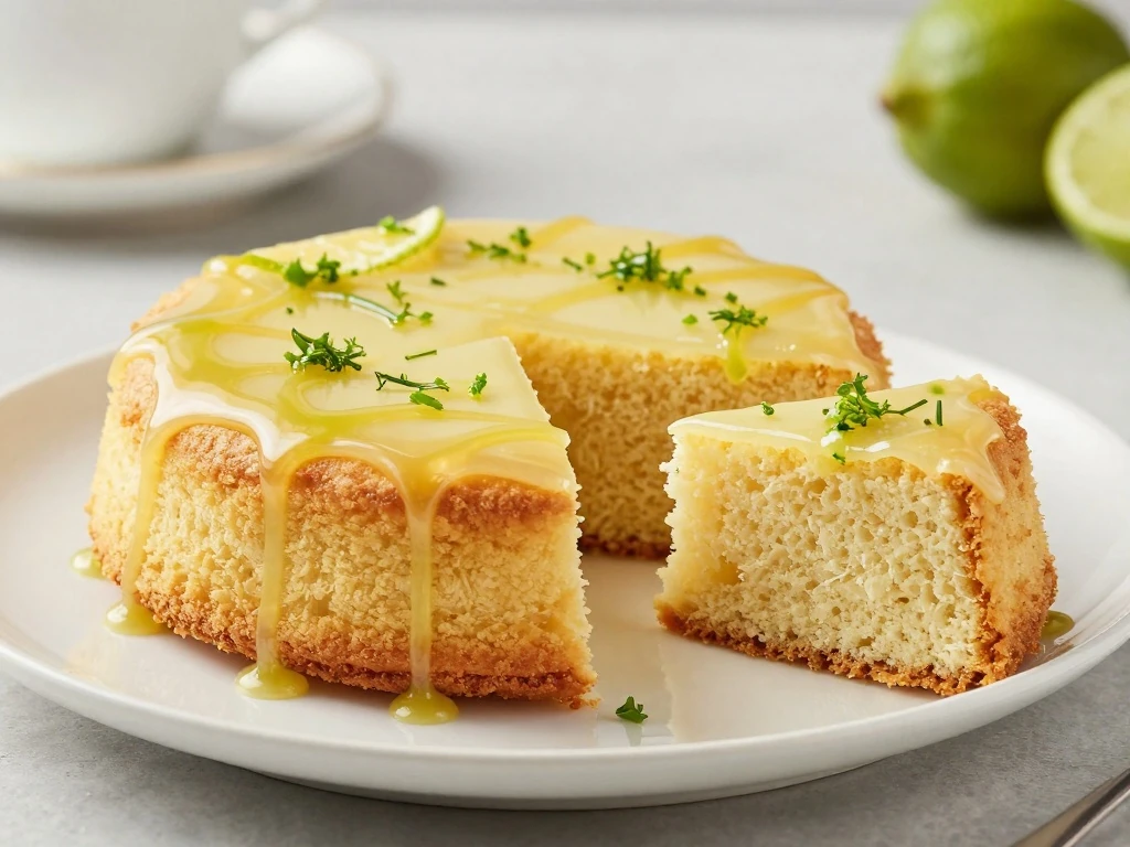 Moist zesty lime drizzle cake served for an occasion