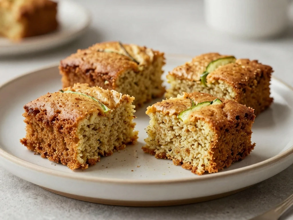 Moist homemade zucchini cake squares served on a plate