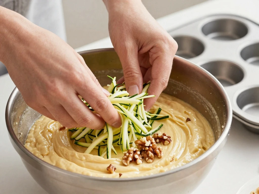 Folding shredded zucchini into cake batter