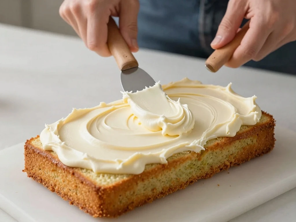 Spreading cream-cheese frosting on zucchini cake